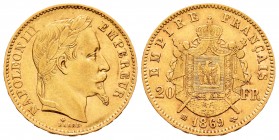 France. Napoleon III. 20 francos. 1869. Strasbourg. BB. (Km-801.2). (Fr-585). (Gad-1062). Au. 6,42 g. Almost XF. Est...220,00.