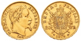 France. Napoleon III. 20 francos. 1870. Strasbourg. BB. (Km-801.2). (Fr-585). (Gad-1062). Au. 6,42 g. Minor nick on edge. Choice VF. Est...220,00.