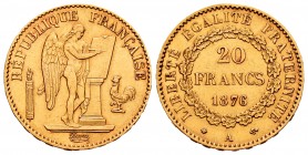 France. 20 francos. 1876. Paris. A. (Km-825). (Fr-592). (Gad-1063). Au. 6,45 g. Choice VF. Est...220,00.
