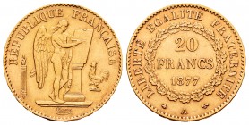 France. 20 francos. 1877. Paris. A. (Km-825). (Fr-592). (Gad-1063). Au. 6,44 g. Minor nick on edge. Almost XF. Est...220,00.