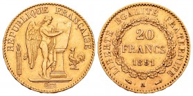 France. 20 francos. 1891. Paris. A. (Km-825). (Fr-592). (Gad-1063). Au. 6,41 g. XF. Est...220,00.