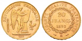 France. 20 francos. 1893. Paris. A. (Km-825). (Fr-592). (Gad-1063). Au. 6,45 g. AU. Est...220,00.