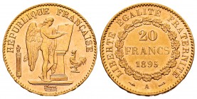 France. 20 francos. 1895. Paris. A. (Km-825). (Fr-592). (Gad-1063). Au. 6,46 g. Original luster. Almost UNC. Est...250,00.
