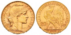 France. 20 francos. 1909. (Km-857). (Fr-596a). (Gad-1064a). Au. 6,44 g. Almost UNC. Est...220,00.