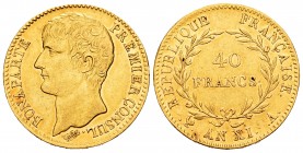 France. Napoleon Bonaparte. 40 francos. AN XI (1802). Paris. A. (Km-652). (Fr-479). (Gad-1080). Au. 12,83 g. Choice VF. Est...520,00.