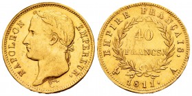 France. Napoleon Bonaparte. 40 francos. 1811. Paris. A. (Km-696.1). (Fr-505). (Gad-1084). Au. 12,88 g. Hairlines. Choice VF. Est...520,00.