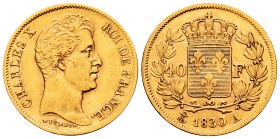 France. Charles X. 40 francos. 1830. Paris. A. (Km-721.1). (Fr-547). (Gad-1105). Au. 12,73 g. Choice VF. Est...500,00.