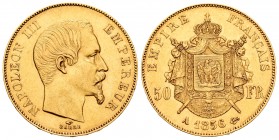 France. Napoleon III. 50 francos. 1856. Paris. A. (Km-785.1). (Fr-571). (Gad-1111). Au. 16,06 g. Minor nick on edge. Hairlines. Almost XF. Est...600,0...