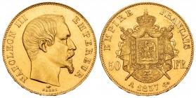 France. Napoleon III. 50 francos. 1857. Paris. A. (Km-785.1). (Fr-571). (Gad-1111). Au. 16,07 g. Almost XF. Est...620,00.