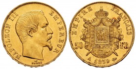France. Napoleon III. 50 francos. 1859. Paris. A. (Km-785.1). (Fried-571). Au. 16,11 g. Minor nick on edge. XF. Est...600,00.