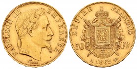 France. Napoleon III. 50 francos. 1862. Paris. A. (Km-804.1). (Fr-585). (Gad-1112). Au. 16,10 g. XF. Est...600,00.