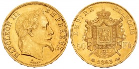 France. Napoleon III. 50 francos. 1863. Strasbourg. BB. (Km-804.2). (Fr-583). (Gad-1112). Au. 16,12 g. Scarce. AU. Est...750,00.