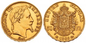 France. Napoleon III. 50 francos. 1866. Strasbourg. BB. (Km-804.2). (Fr-583). (Gad-1112). Au. 16,15 g. Scarce. XF. Est...700,00.