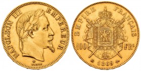 France. Napoleon III. 100 francos. 1869. Strasbourg. BB. (Km-802.2). (Fr-551). (Gad-1136). Au. 32,24 g. XF. Est...1100,00.