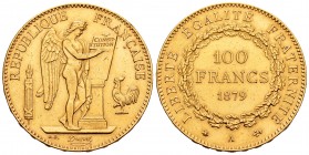 France. 100 francos. 1879. Paris. A. (Km-832). (Fr-590). (Gad-1137). Au. 32,21 g. Minor nick on edge. XF. Est...1100,00.