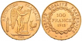 France. 100 francos. 1912. Paris. A. (Km-786.2). (Fr-590). (Gad-1137). Au. 32,25 g. Original luster. Hairlines. XF. Est...1100,00.