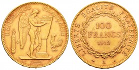 France. 100 francos. 1913. Paris. A. (Km-786.2). (Fr-590). (Gad-1137). Au. 32,25 g. AU. Est...1100,00.