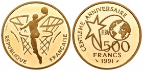 France. 500 francos. 1991. (Km-977). (Fr-631). Au. 17,01 g. Centenario del Baloncesto. Acuñación de 5000 ejemplares. PR. Est...600,00.