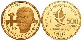 France. 500 francos. 1991. (Km-1000). (Fr-621). Au. 16,95 g. Albertville, Juegos Olímpicos de Invierno 1992. Pierre de Coubertin. PR. Est...600,00.