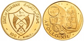 Fujairah. Muhammad bin Hamad al-Shariq. 100 riyals. 1389 H (1970). (Km-10). Au. 20,78 g. Apollo XII. PR. Est...750,00.