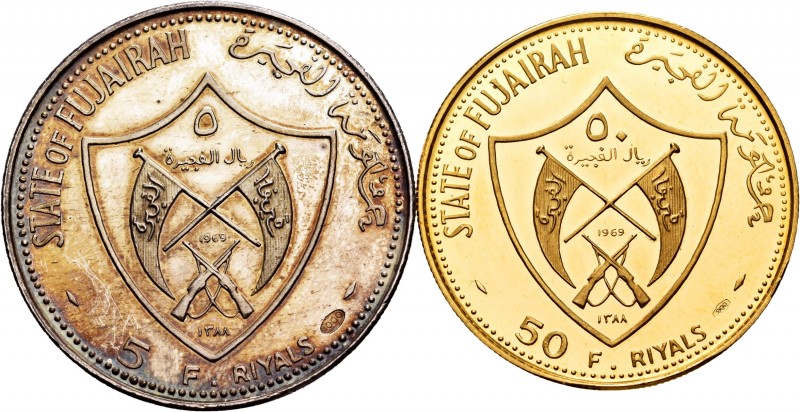 Fujairah. Serie de 2 monedas 50 riyals (10,42 g oro) y 5 riyals (15,05 g plata)....