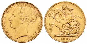 United Kingdom. Victoria Queen. Sovereign. 1884. (Km-752). Au. 7,98 g. W.W. en el cuello. Choice VF. Est...280,00.