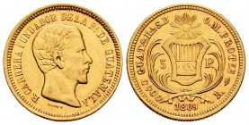 Guatemala. 5 pesos. 1869. R. (Km-191). Au. 8,03 g. Rafael Carrera, fundador de Guatemala. XF. Est...300,00.