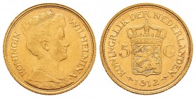 Netherlands. Wilhelmina. 5 gulden. 1912. Utrecht. (Km-151). Au. 3,37 g. Almost XF/XF. Est...120,00.