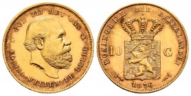 Netherlands. Wilhelm III. 10 gulden. 1876. (Km-106). Au. 6,71 g. AU. Est...300,00.