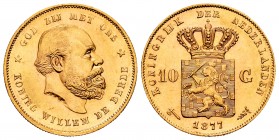 Netherlands. Wilhelm III. 10 gulden. 1877. (Km-106). Au. 6,73 g. Almost UNC. Est...280,00.