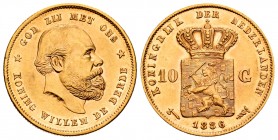 Netherlands. Wilhelm III. 10 gulden. 1886. (Km-106). Au. 6,72 g. Minor nick on edge. AU. Est...280,00.