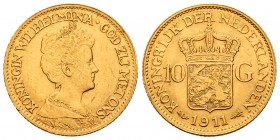 Netherlands. Wilhelmina. 10 gulden. 1911. (Km-149). Au. 6,71 g. XF. Est...260,00.