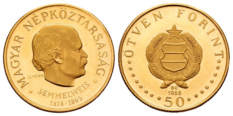 Hungary. 50 fornit. 1968. BP. (Km-583). Au. 4,21 g. 150º aniversario del nacimie...