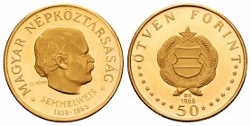 Hungary. 50 fornit. 1968. BP. (Km-583). Au. 4,21 g. 150º aniversario del nacimiento de Semmelweis. PR. Est...200,00.