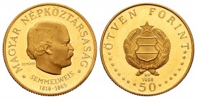 Hungary. 50 fornit. 1968. Budapest. BP. (Km-583). Au. 4,21 g. 150º aniversario de Semmelweis. PR. Est...150,00.