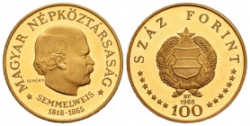 Hungary. 100 fornit. 1968. Budapest. BP. (Km-585). Au. 8,42 g. 150º aniversario de Semmelweis. PR. Est...300,00.