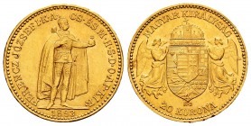 Hungary. Franz Joseph I. 20 coronas. 1893. Kremnitz. KB. (Km-186). (Fried-250). Au. 6,78 g. It retains some luster. XF. Est...260,00.