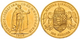 Hungary. Franz Joseph I. 100 coronas. 1908. (Km-491). Au. 33,84 g. Nick on edge. Almost UNC. Est...1250,00.