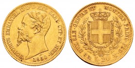 Italy. Sardinia. Vittorio Emanuele I. 20 liras. 1850. Genoa. (Km-146.2). (Pagani-337). Au. 6,43 g. F bajo el busto. Choice VF. Est...280,00.