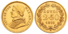 Italy. Papal States. Pio IX. 2,50 scudi. 1859 (Anno XIV). Rome. R. (Km-1117). (Pagani-367). (Mont-97). Au. 4,35 g. AU. Est...300,00.