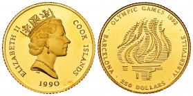 Cook Islands. 250 dollars. 1990. (Km-71). (Fr-31). Au. 7,76 g. XVI Juegos Olímpicos de Invierno de Albertville. PR. Est...270,00.