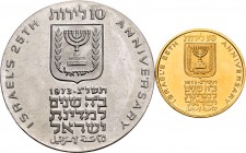 Israel. 1973. Lote de 2 piezas conmemorando el XXV aniversario de la independencia, una de oro (50 lirot 7,01 g., Km 72) y una de plata (10 lirot 26,1...
