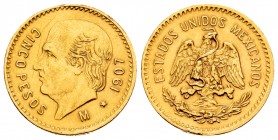 Mexico. 5 pesos. 1907. México. (Km-464). Au. 4,16 g. Miguel Hidalgo. Raya. XF. Est...140,00.