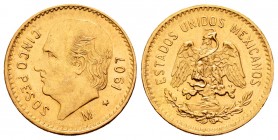 Mexico. 5 pesos. 1907. México. (Km-464). Au. 4,15 g. Miguel Hidalgo. XF. Est...140,00.