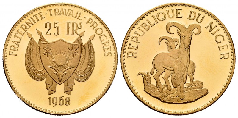Niger. 25 francos. 1968. (Km-9). Au. 8,14 g. Cabras montesas. Tirada de 1000 pie...