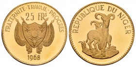 Niger. 25 francos. 1968. (Km-9). Au. 8,14 g. Cabras montesas. Tirada de 1000 piezas. PR. Est...300,00.