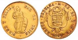 Peru. 2 escudos. 1853. Lima. (Km-149.2). Au. 6,74 g. Scarce. Choice VF. Est...320,00.