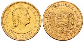 Peru. 1 libra. 1901. Lima. (Km-207). Au. 7,91 g. This piece was used as a jewell. Almost VF. Est...250,00.