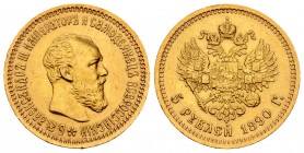 Russia. Alexander III. 5 rublos. 1890. (Km-42). (Fried-168). Au. 6,46 g. Golpecitos canto. Almost XF. Est...250,00.