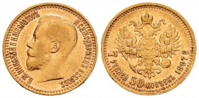 Russia. Nicholas II. 7,50 rublos. 1897. (Km-Y 63). (Fried-138). Au. 6,43 g. Golpecito en el canto. Almost VF. Est...260,00.